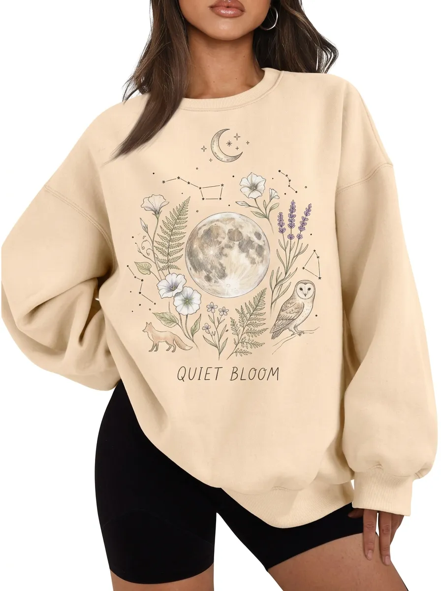Women's Celestial Nature Moon Owl Fox Graphic Sweatshirt