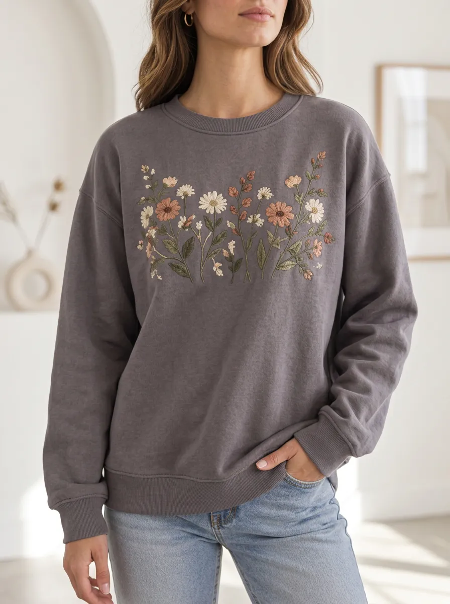 Women's Relaxed Embroidered Graphic Wildflower Crewneck Sweatshirt