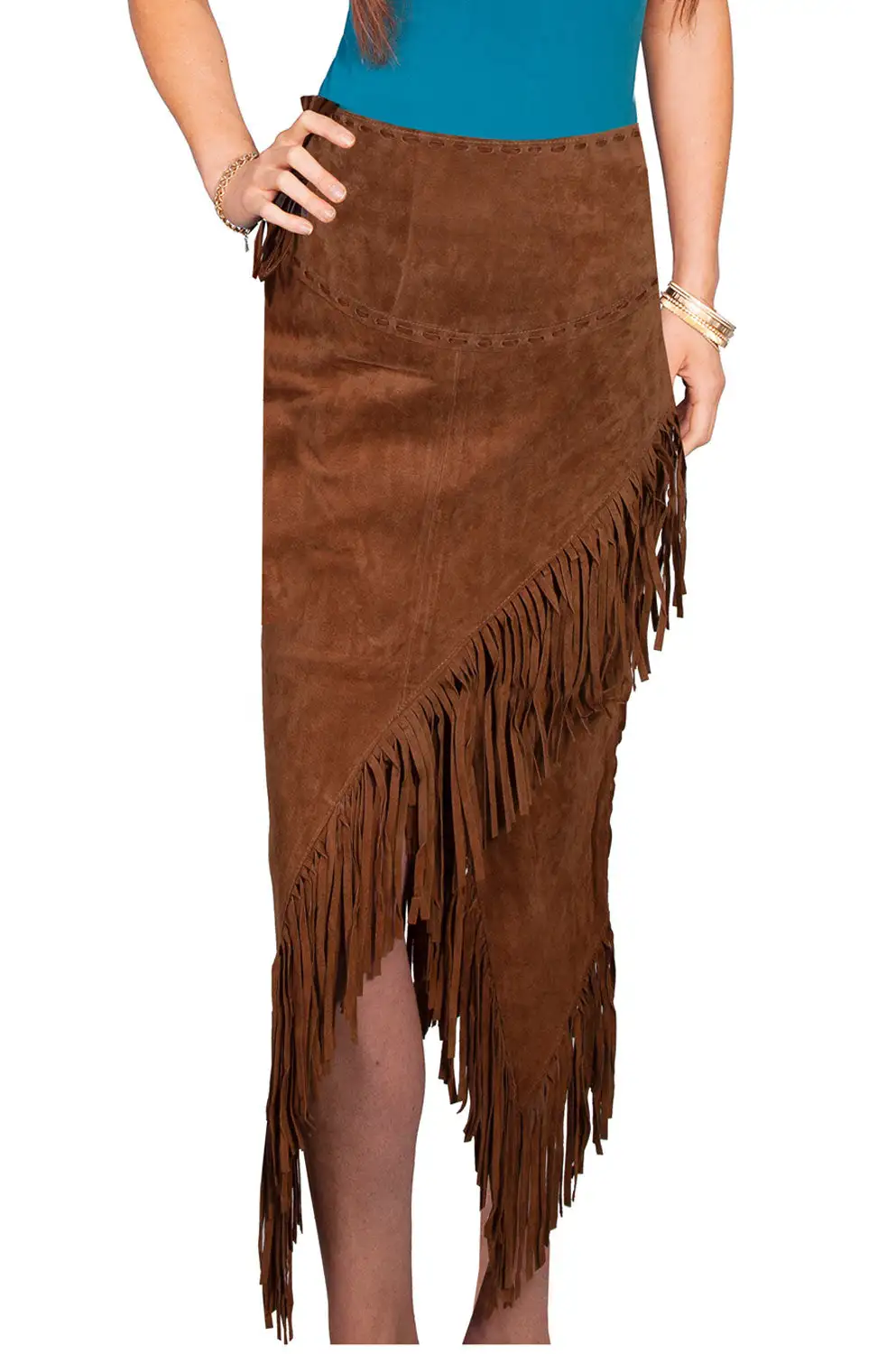 Fringe Detail Suede Denim Skirt
