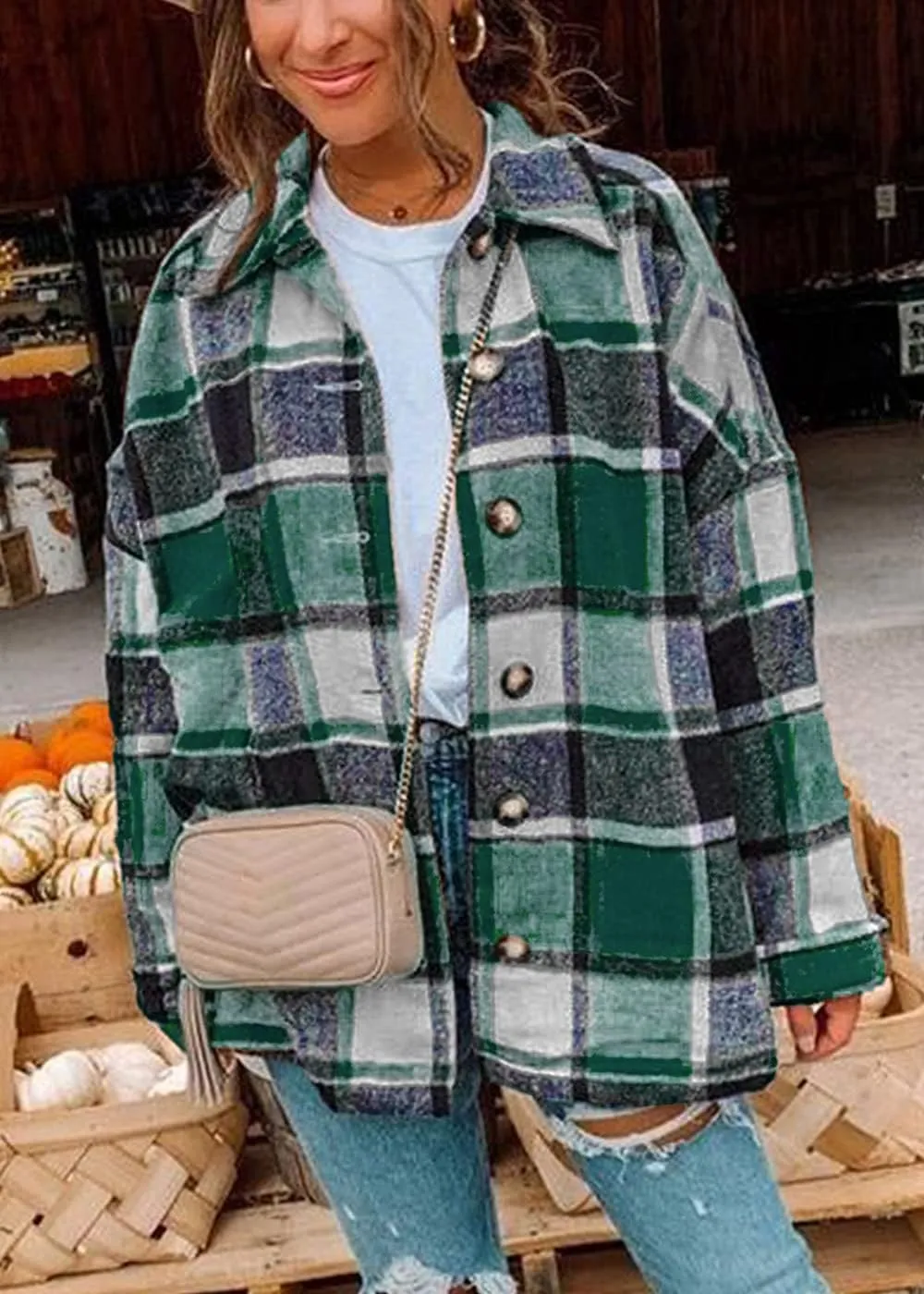 Women's 2023 Fall Clothes Plaid Shacket Jacket Long Sleeve Button Down Flannel Shirts Fashion Blouse