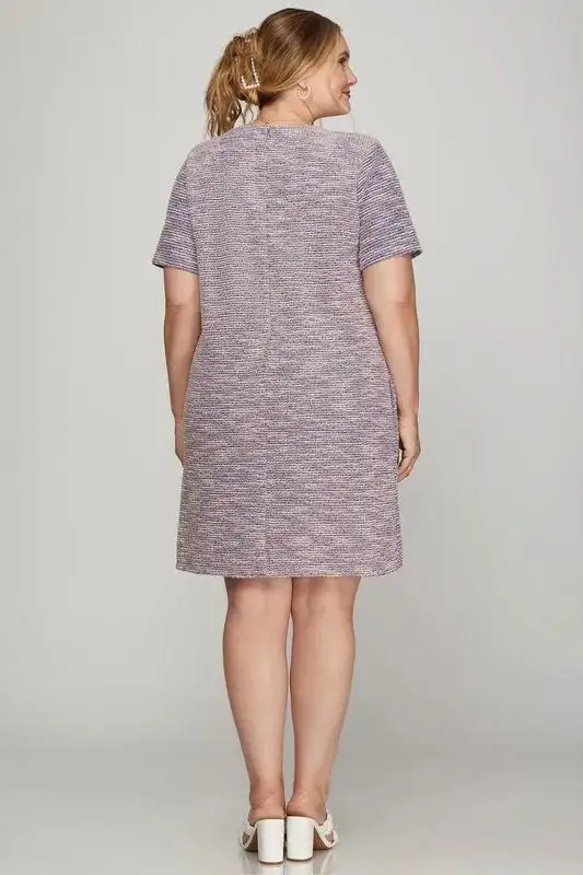 Short Sleeve Pearl Studded Trim Knit Tweed Dress
