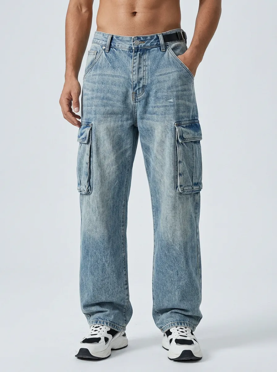 Men's Vintage Wash Denim Loose-Fit Cargo Jeans