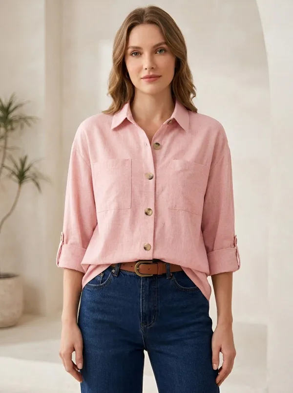 Women's Casual Beige Linen Blend Button Down Shirt