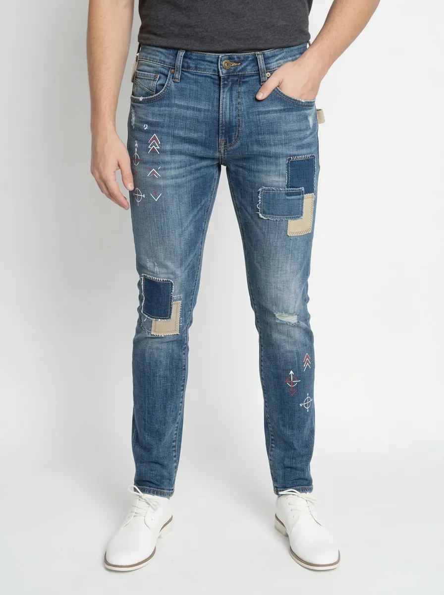 Men's Blue Tribal Geometric Embroidered Patchwork Slim Fit Jeans