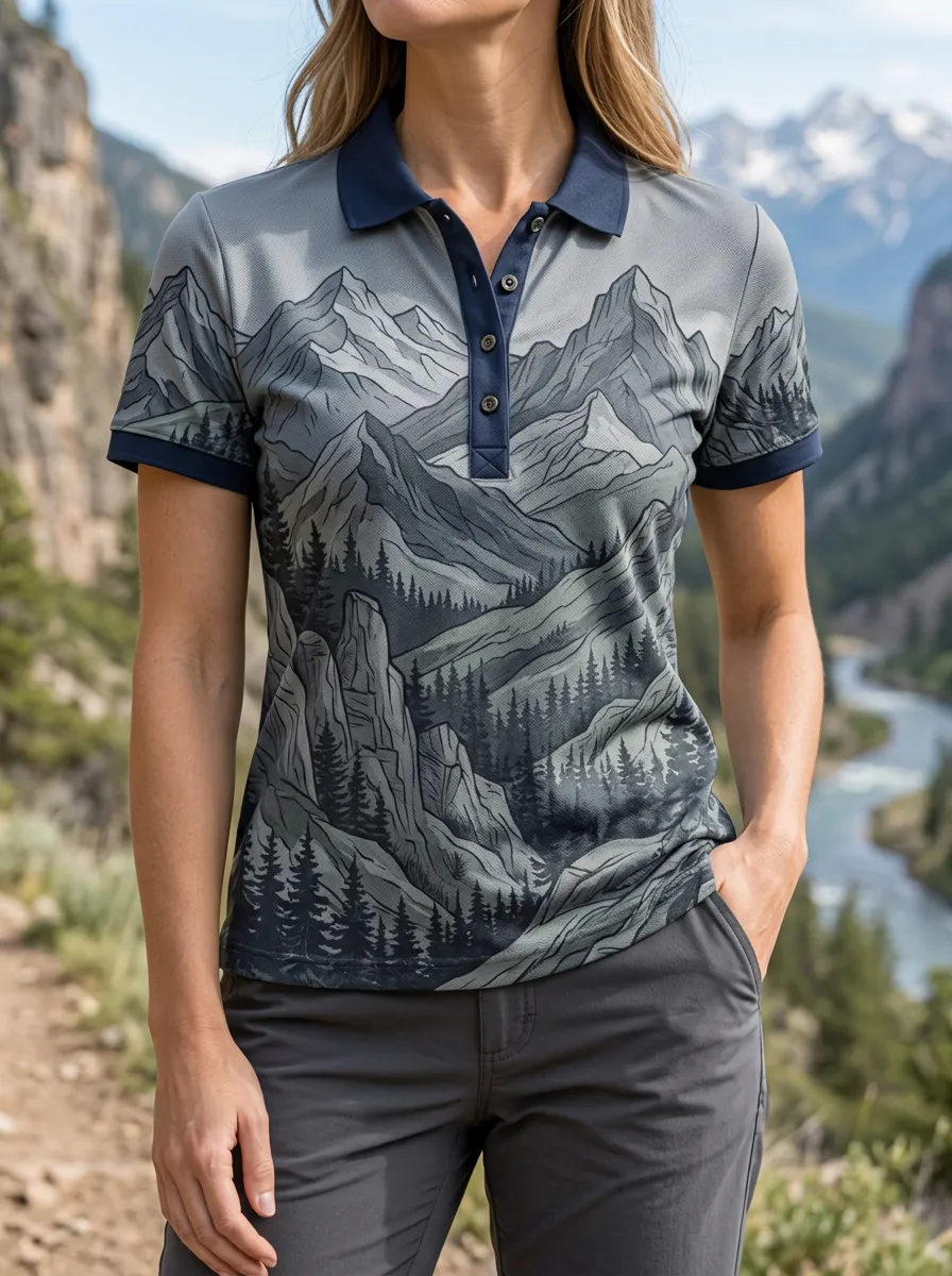 Women's Mountain Hiking Lover Forest Landscape Printed Polo Shirt