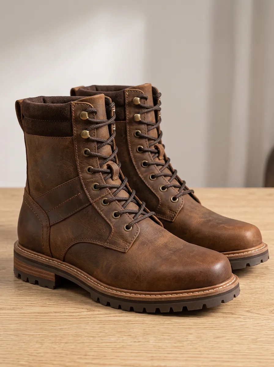 Men's Brown Leather Lace Up Combat Boots