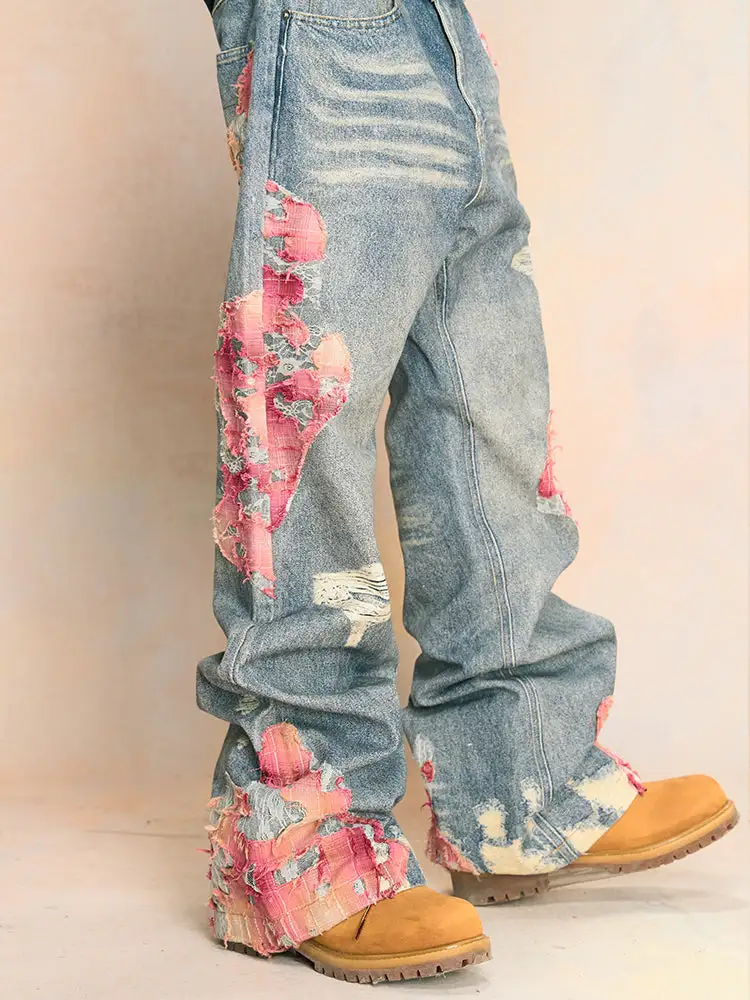 Lace-Embroidered Wide-Leg Jeans