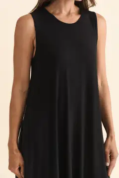 Knee-Length Bamboo Pocket Round-Neck Sleeveless A-Line Relaxed Dress
