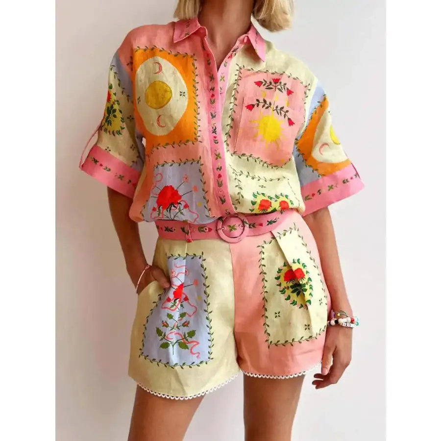 Printed Button Down Shirt and Shorts Set