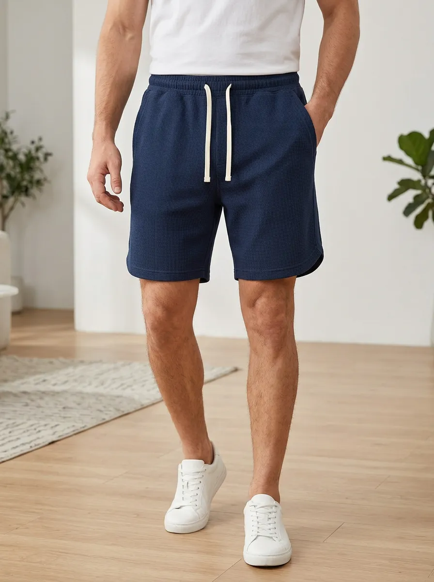 Men's Casual Sporty Navy Blue Waffle Knit Drawstring Shorts