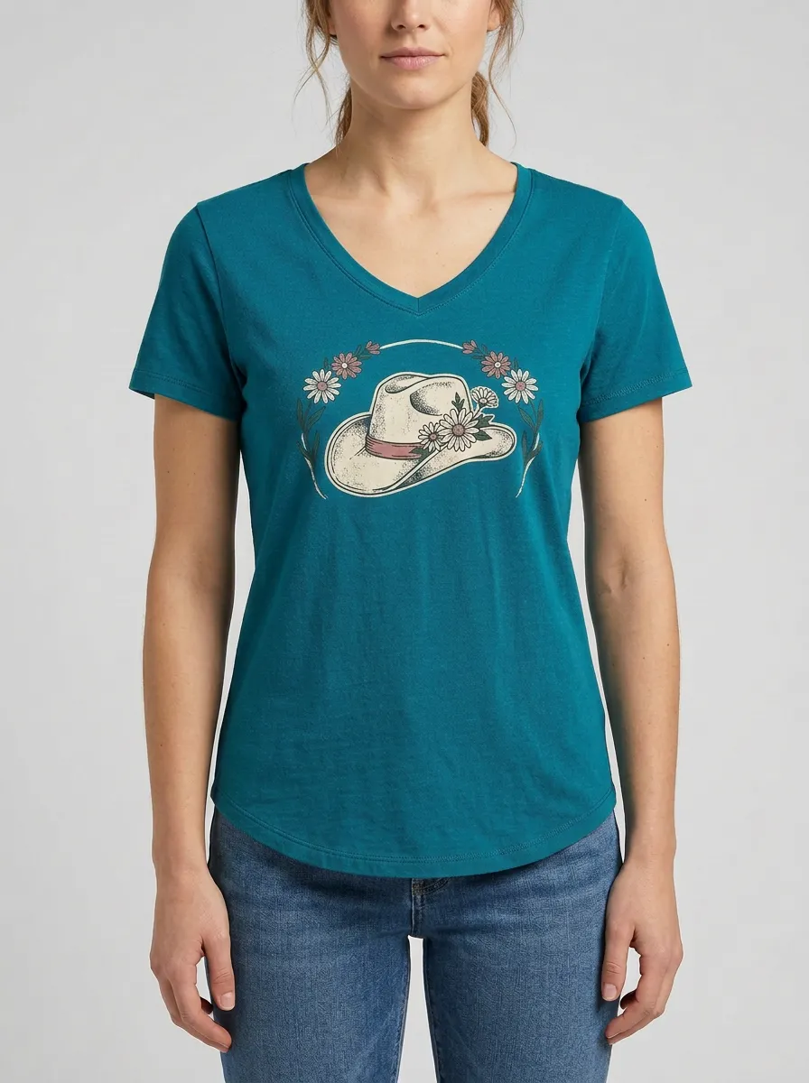 Women's Cowgirl Floral Hat Graphic V-Neck T-Shirt