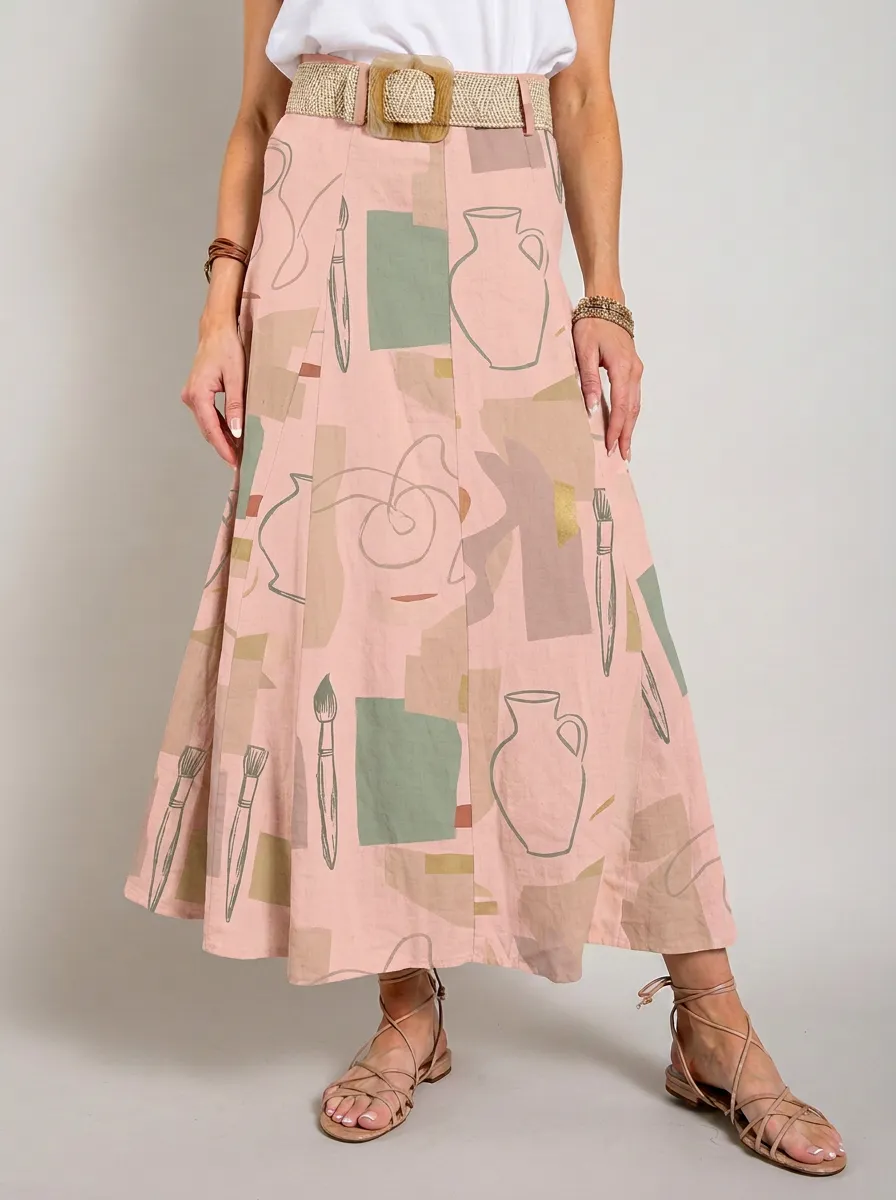 Women's Art Studio Pottery Brush Abstract Printed Midi Skirt