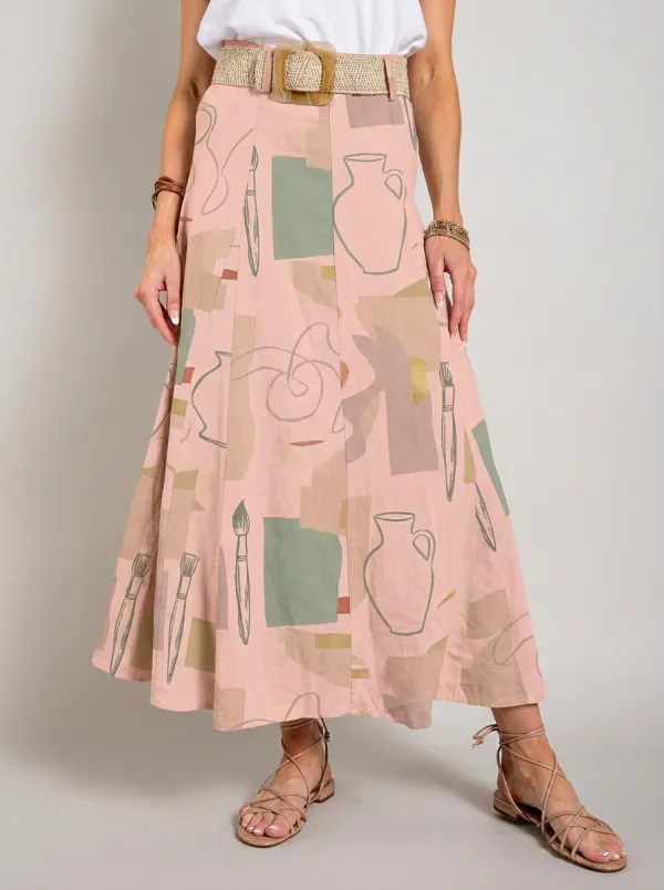Women's Art Studio Pottery Brush Abstract Printed Midi Skirt