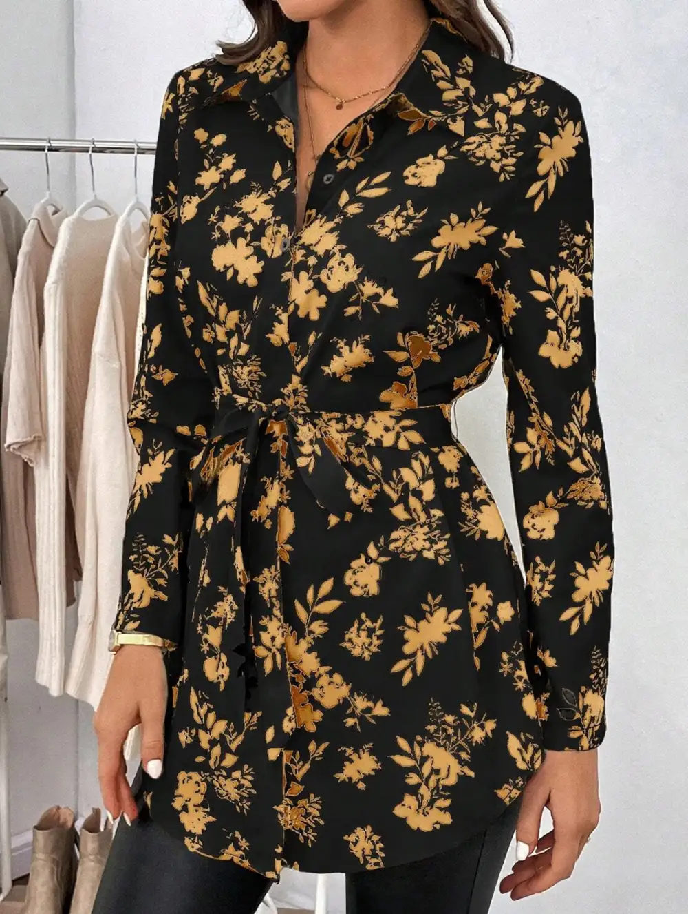 Floral Belted Long Sleeve Shirt