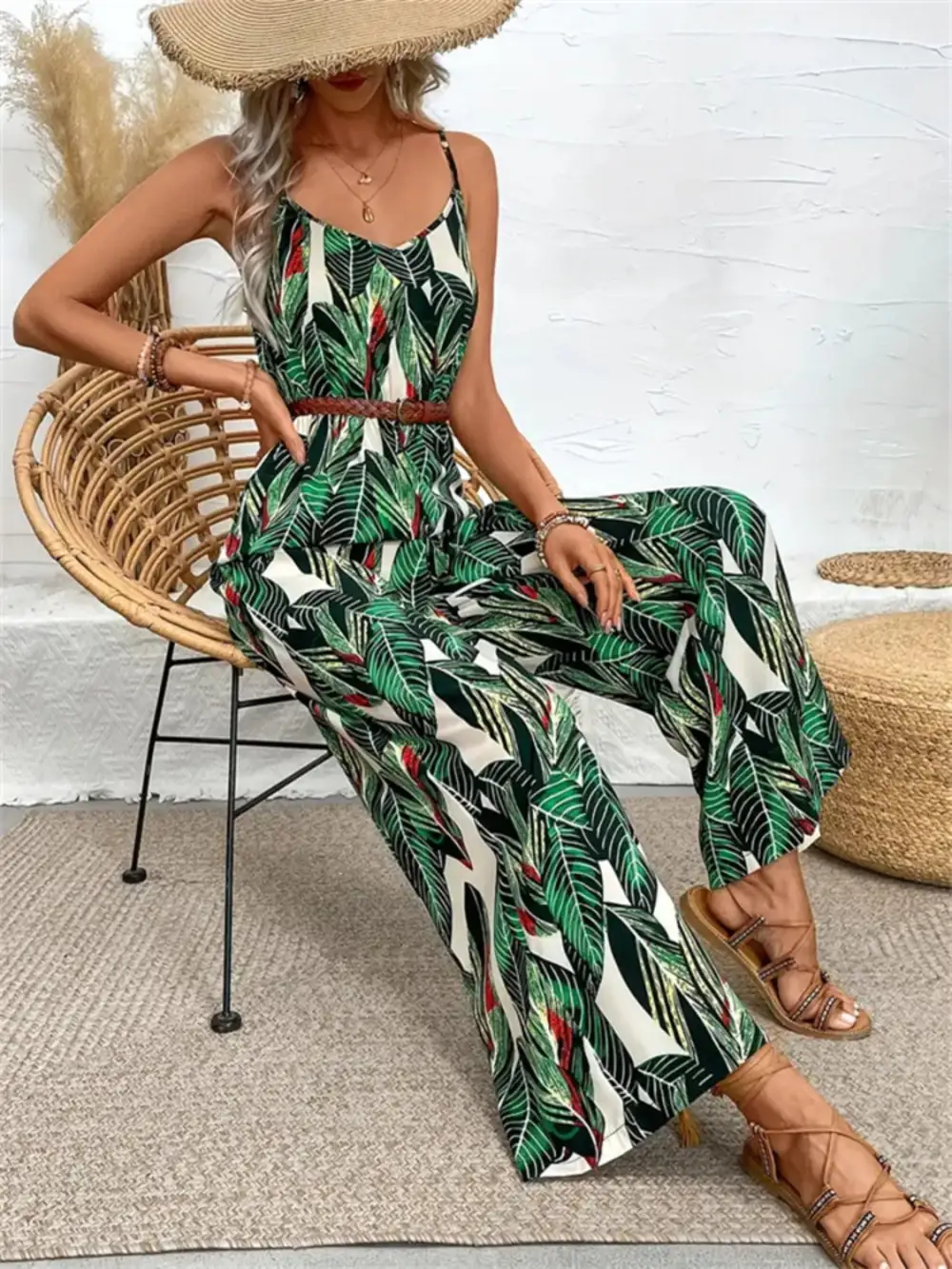 Tropical Spaghetti Strap Wide Leg Jumpsuit