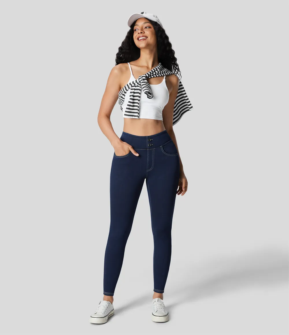 Magic Curvy High Waisted Decorative Button Multiple Pockets Stretchy Knit Denim Casual 7/8 Leggings
