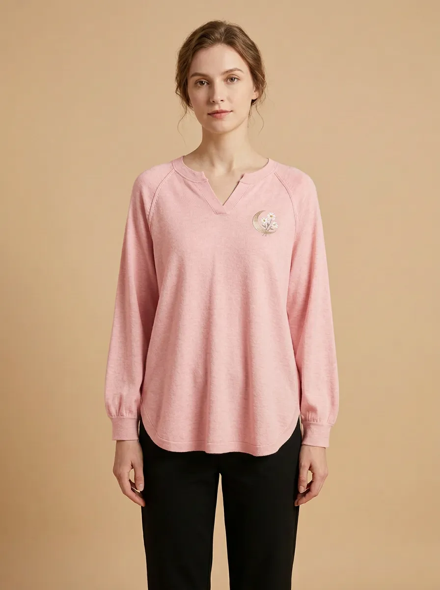 Women's Embroidered Notch-Neck Pullover