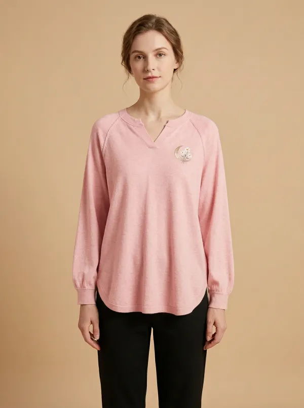 Women's Embroidered Notch-Neck Pullover
