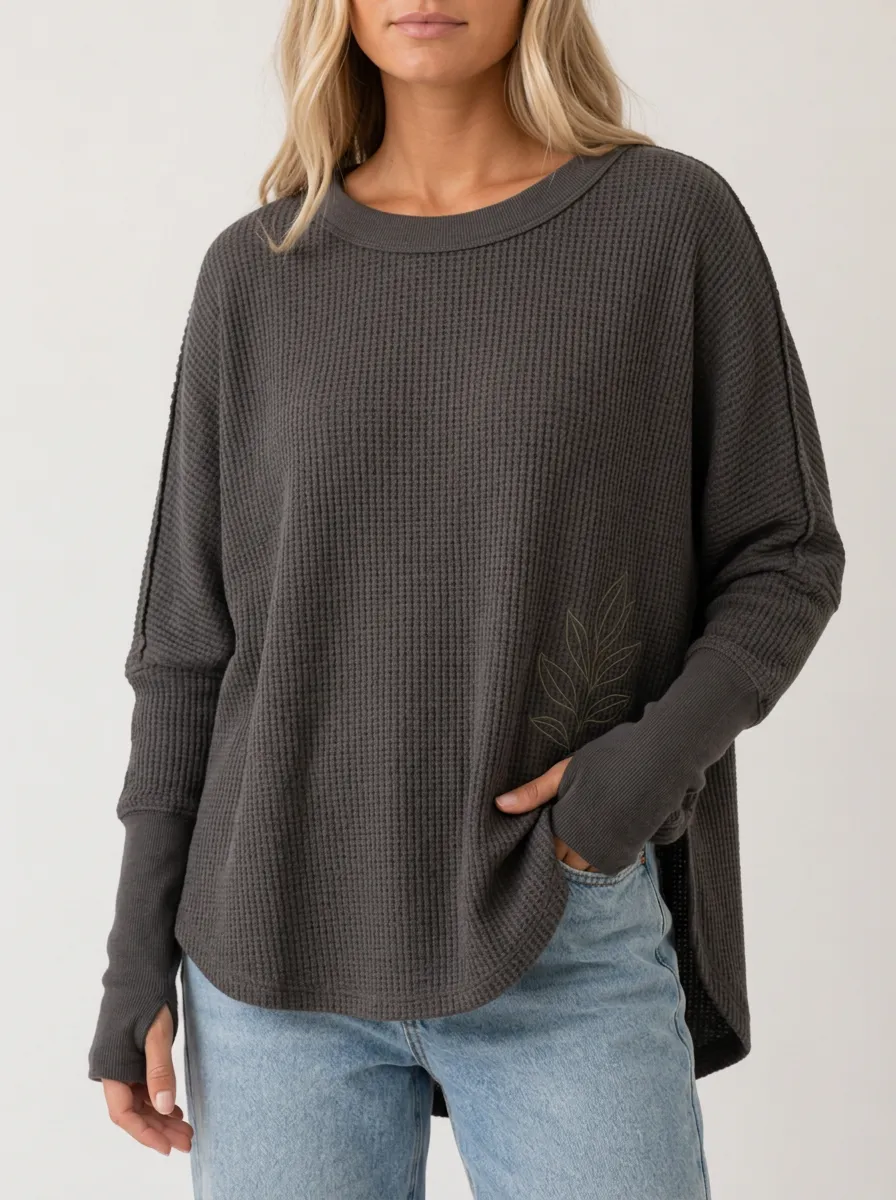Women's Botanical Leaf Minimalist Printed Waffle Knit Top