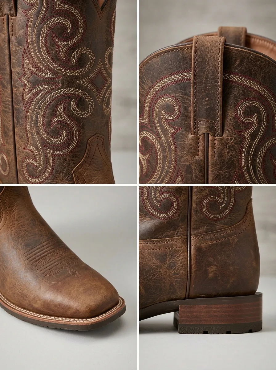Men's Square-Toe Pull-On Embroidered Distressed Construction Western Boots