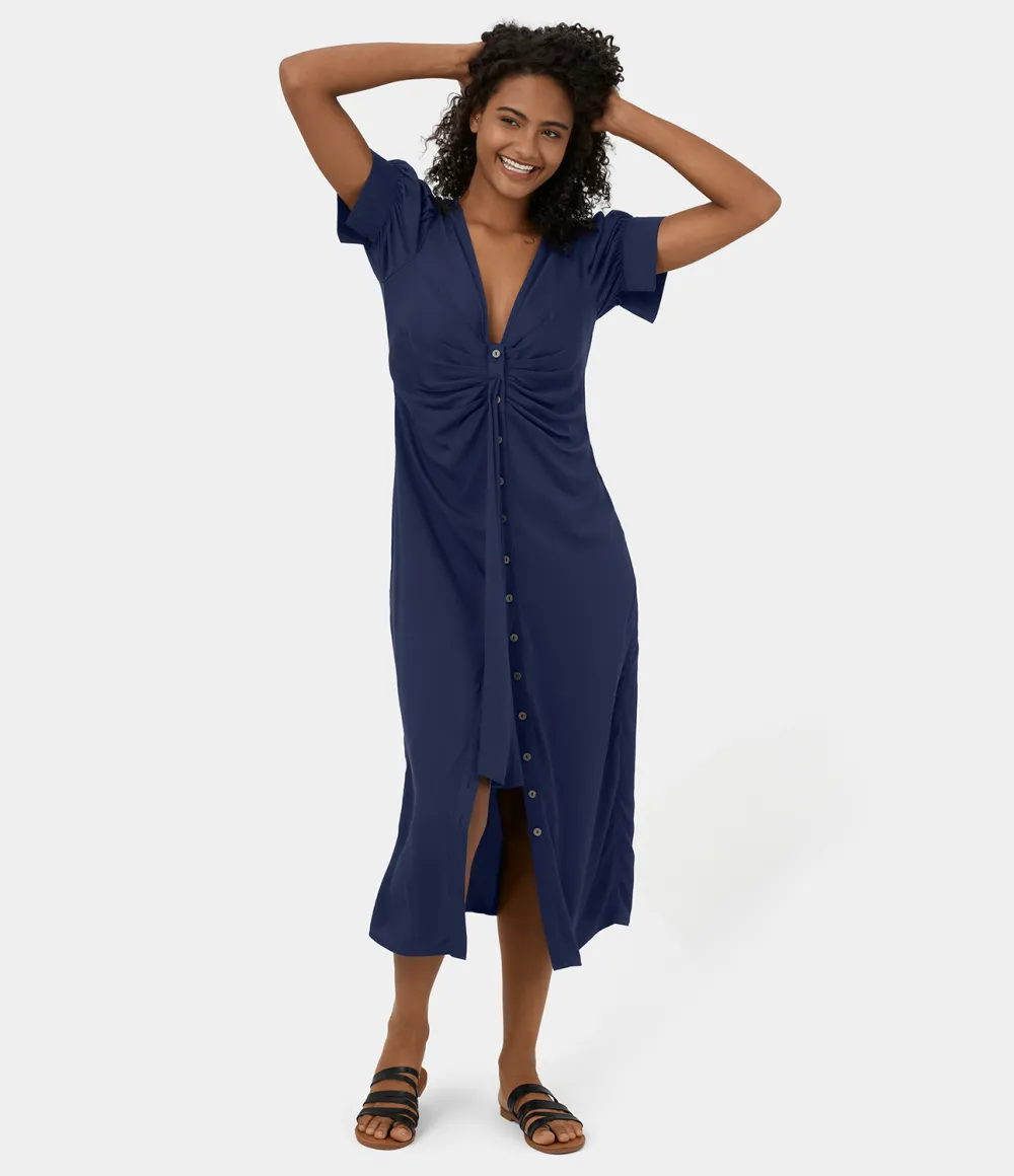 Deep V Neck Bishop Sleeve Button Tie Front Ruched Midi Casual Dress