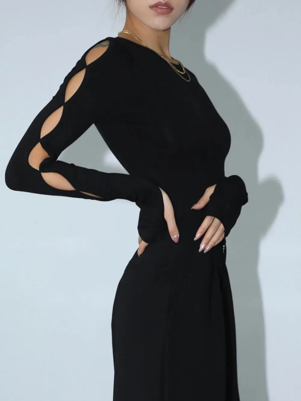 Hollow Crew Neck Long Sleeve Bodysuit