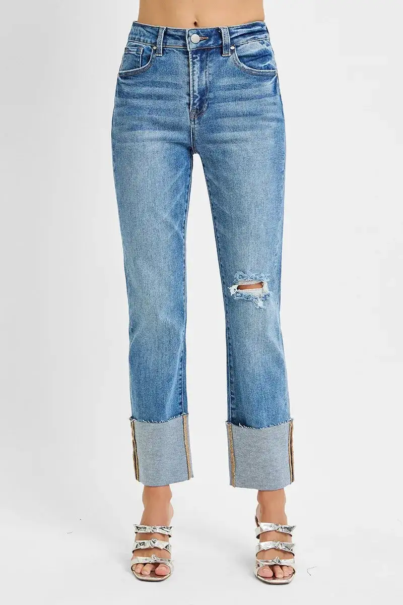 Balanced High Waist Wide Leg Cuffed Denim Jeans