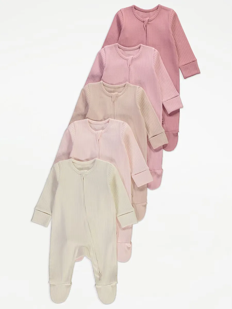 Pink Ribbed Zip Fasten Sleepsuits 5 Pack