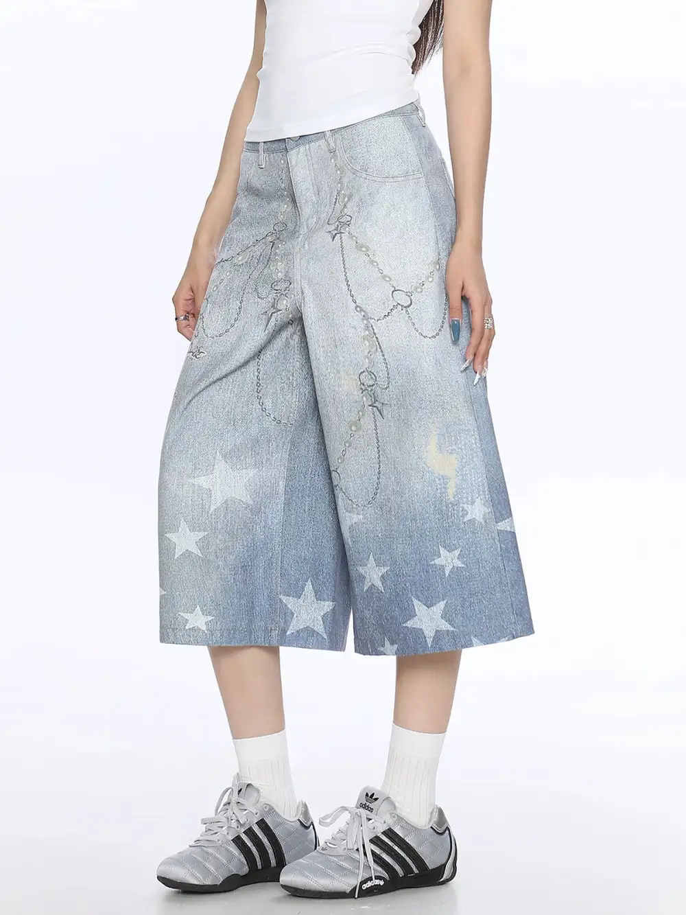 Wide-Leg Cropped Printed Denim Pants