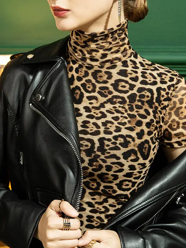 Urban Slim Fit Leopard High Neck T-Shirt