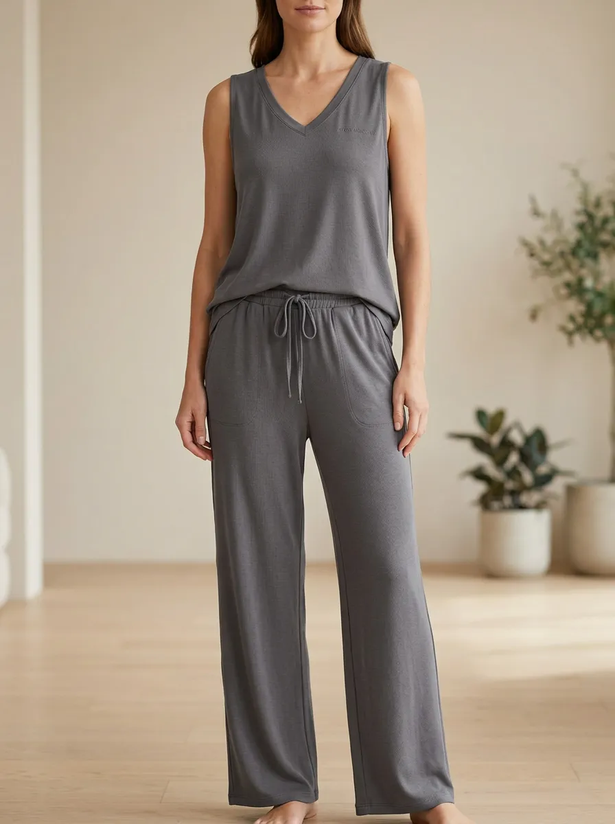 Solid V-Neck Sleeveless Lounge Set