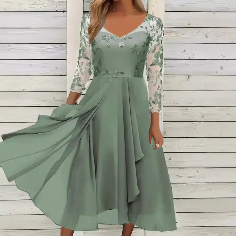 Women's Bodycon V-Neck Three-Quarter-Sleeve Chiffon Midi Dress
