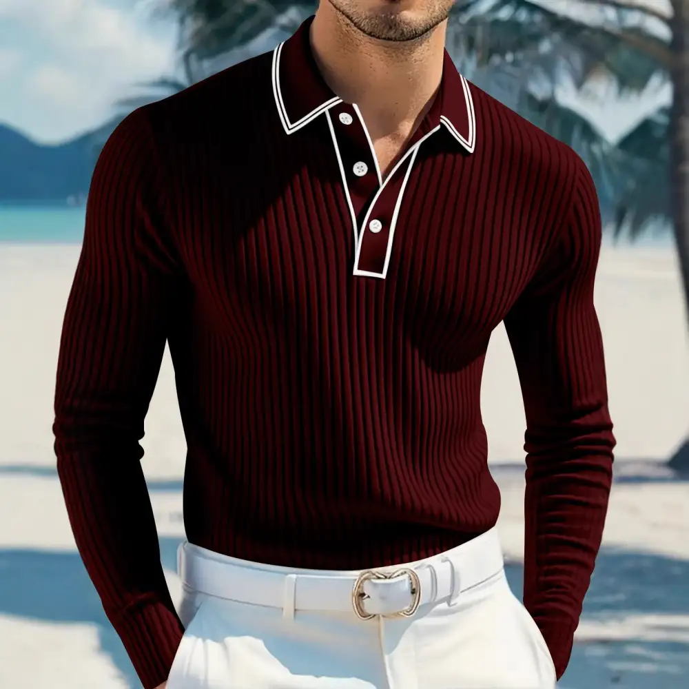 Ribbed Long Sleeve Slim Fit Polo Shirt