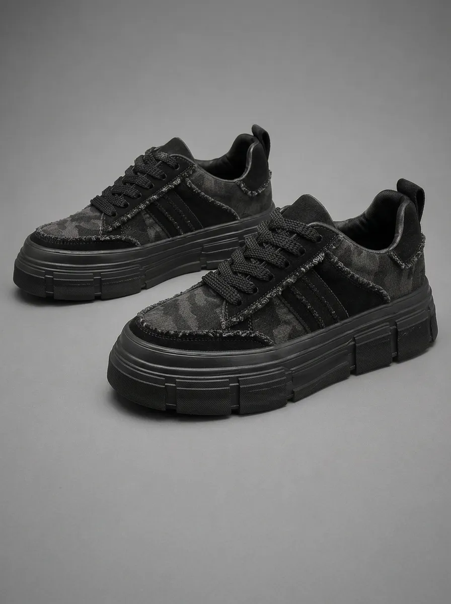Men's Casual Streetwear Black Camo Printed Sneakers