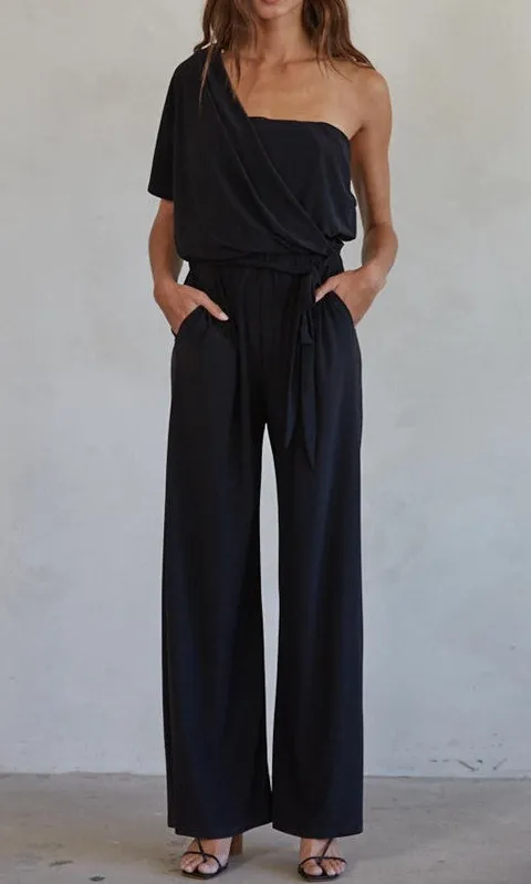 Navy One Shoulder Wide Leg Jumpsuit