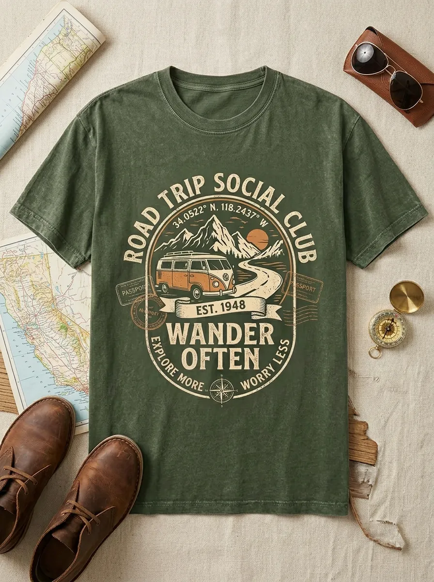 Unisex Road Trip Lover Camper Van Mountain Printed T-shirt