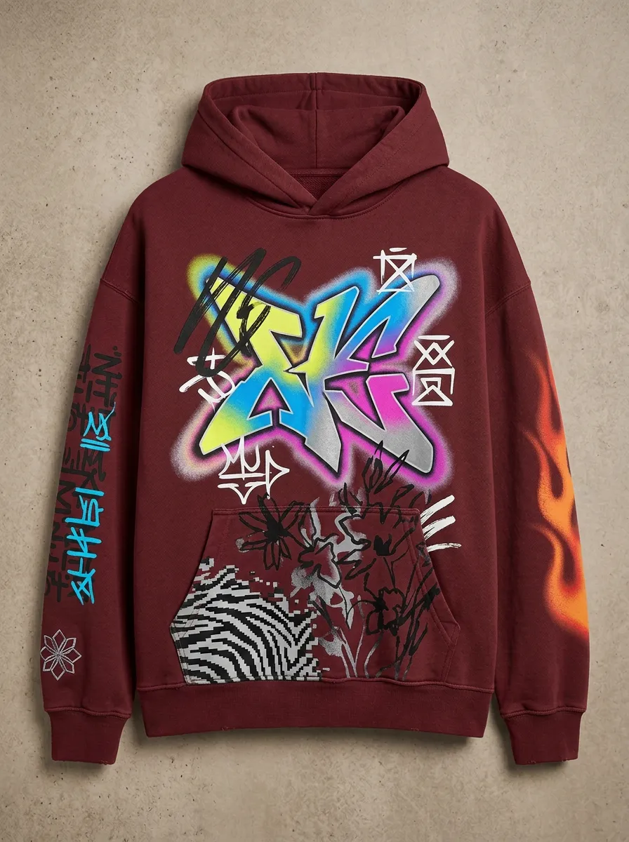 Unisex Graffiti Logo Flame Sleeve Graphic Hoodie
