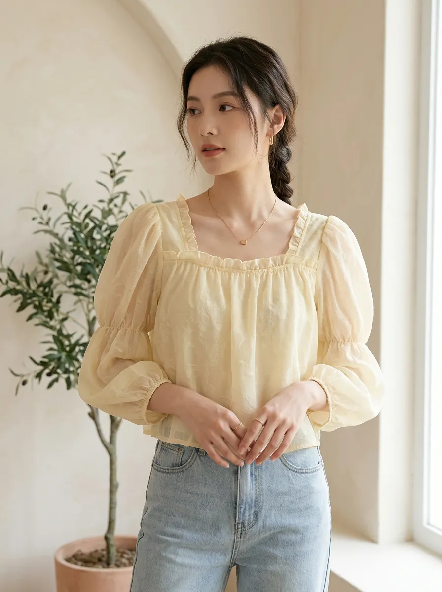Modern Square-Neck Women's Puff-Sleeve Blouse