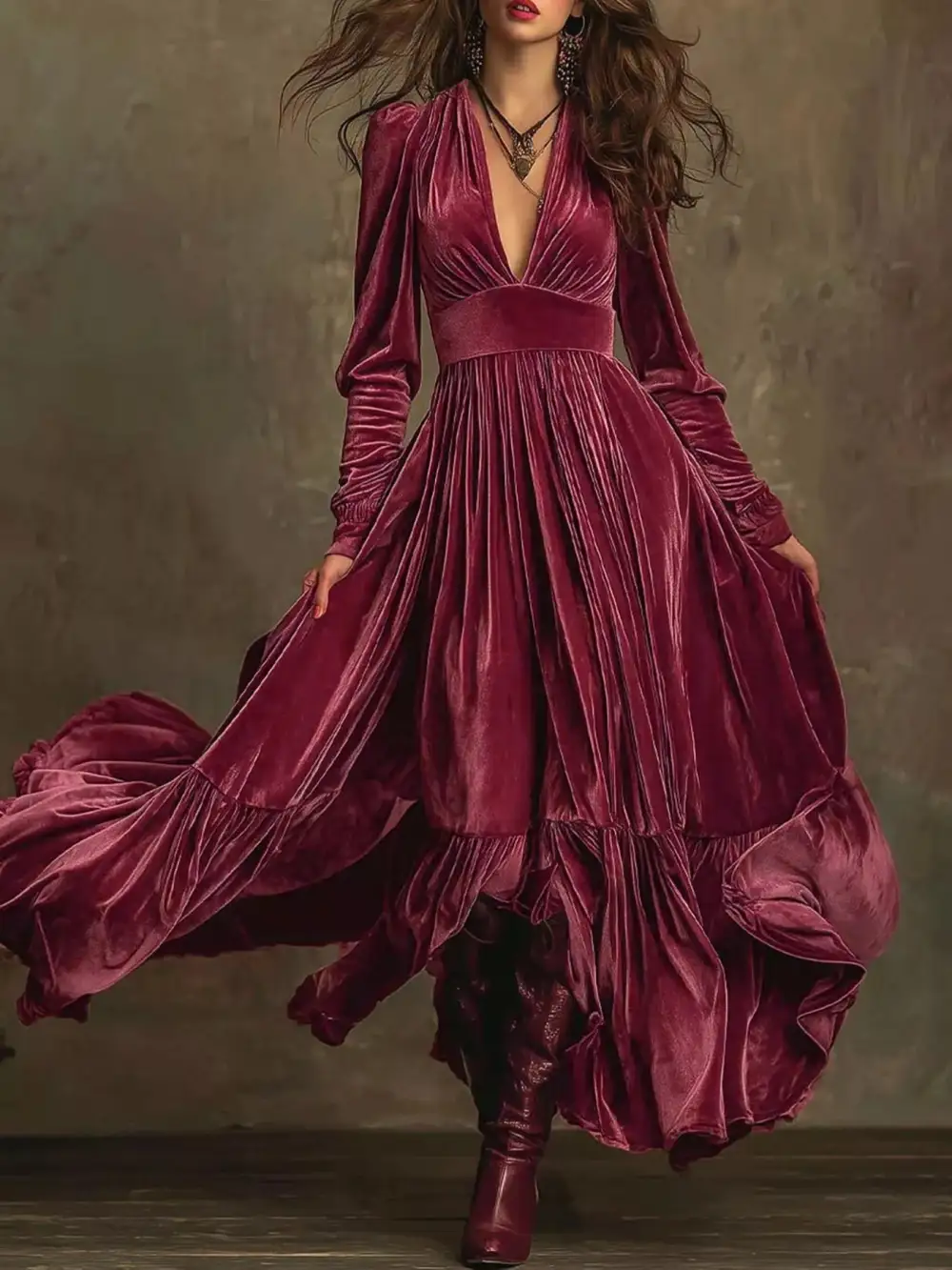 Textured Detail Ruffle Long Sleeve Dress