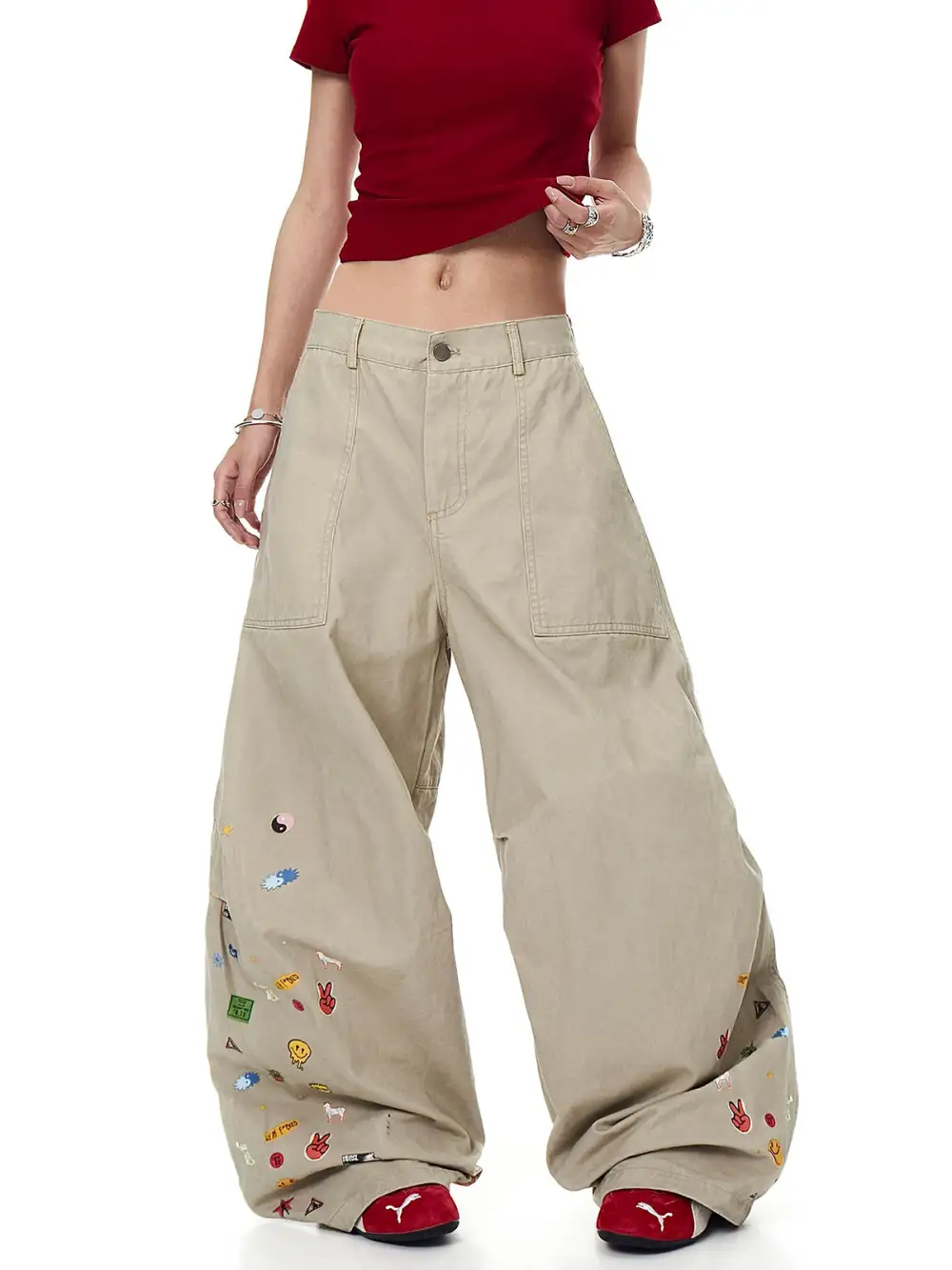 Barrel-Leg Curved-Cut Embroidered Pants