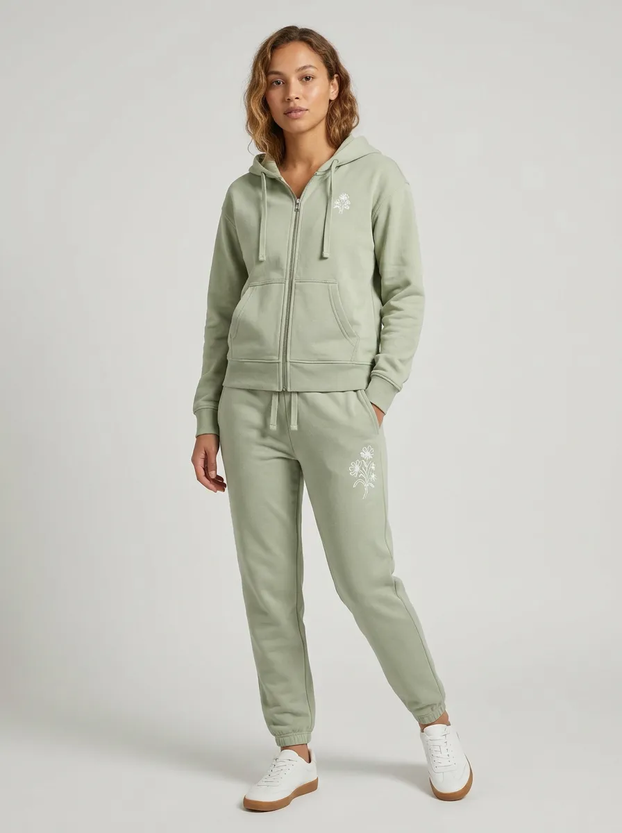 Women's Sage Green Floral Embroidered Elastic Waist Zip-Up Hoodie Jacket & Jogger Set