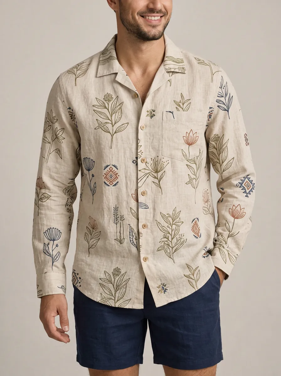 Men's Botanical Tribal Printed Linen Shirt