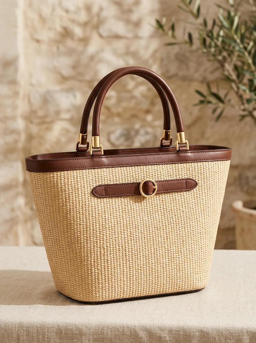 Woven Leather-Trim-Look Buckle Women's Tote Bag