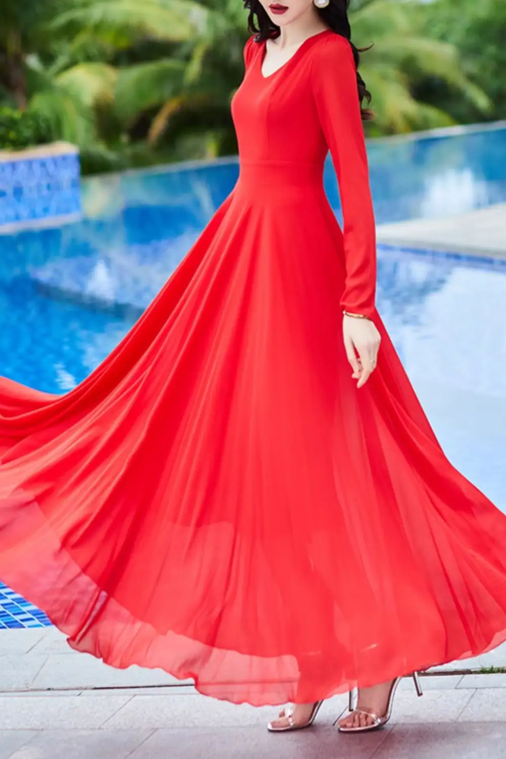 Chiffon Fit And Flare Long Sleeve Maxi Dress