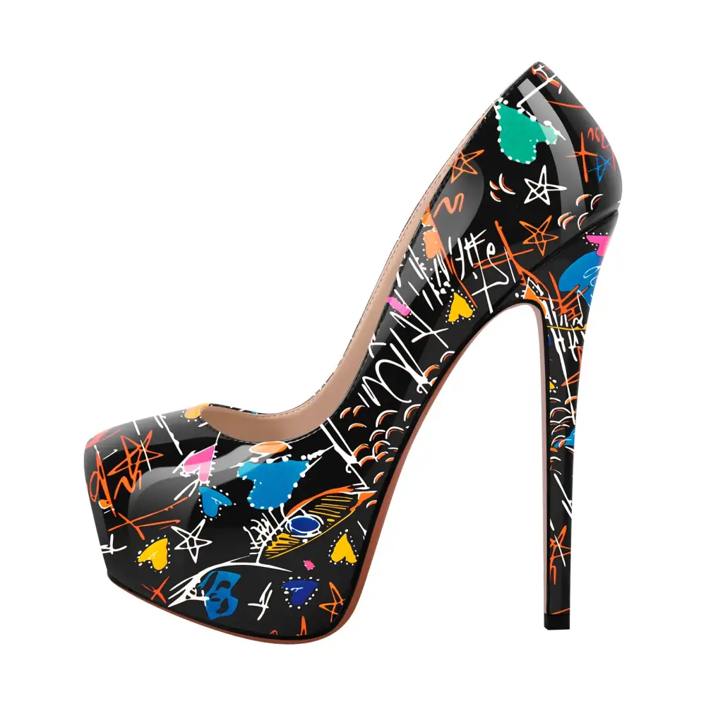 Statement Patent Finish Round Toe Platform Stiletto Pumps