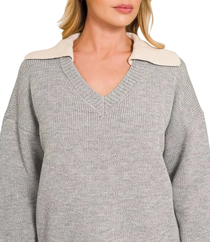 Dual-Look Collared V-Neck Sweater
