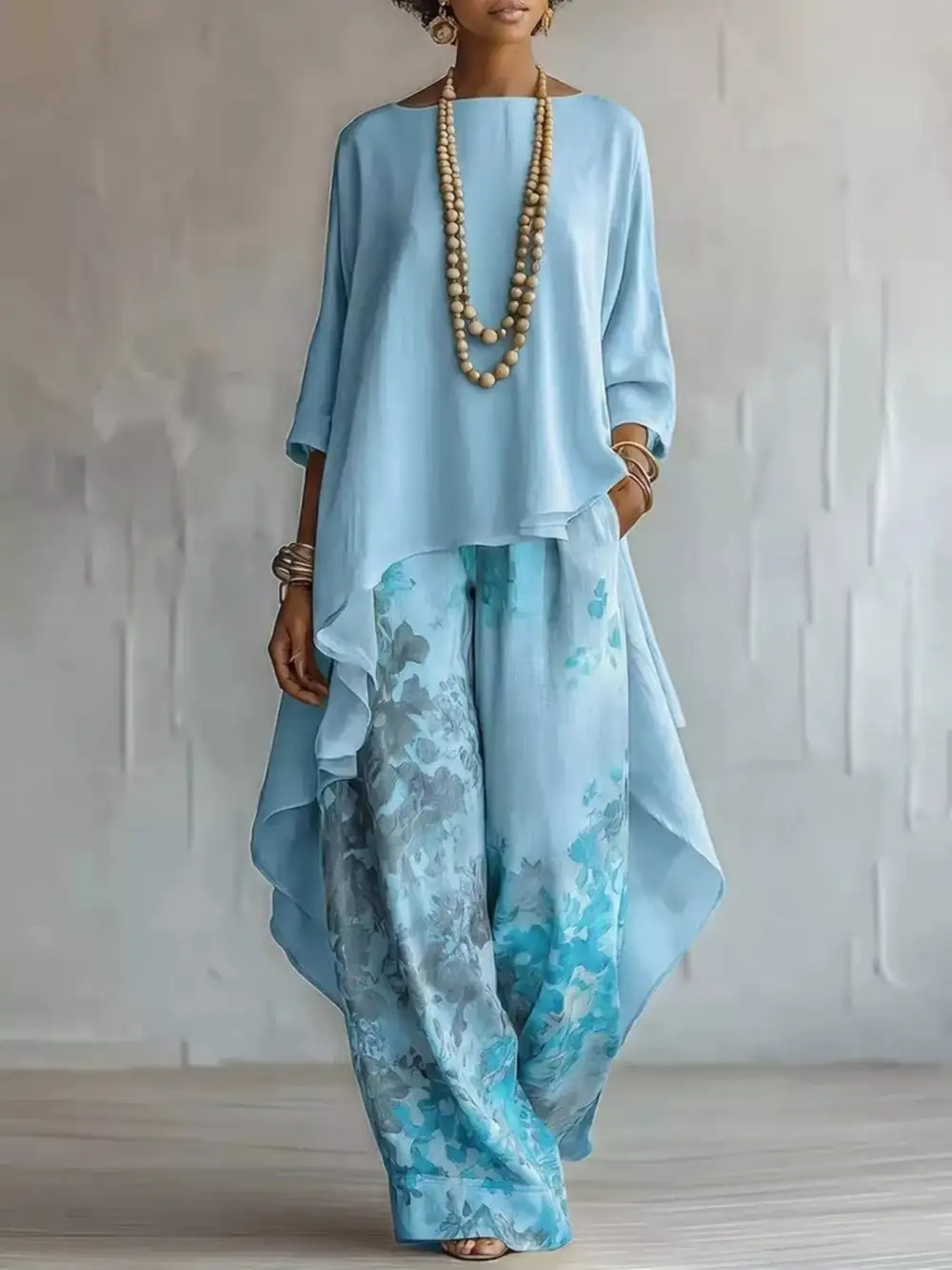 Asymmetrical Hem Top and Floral Pants Set