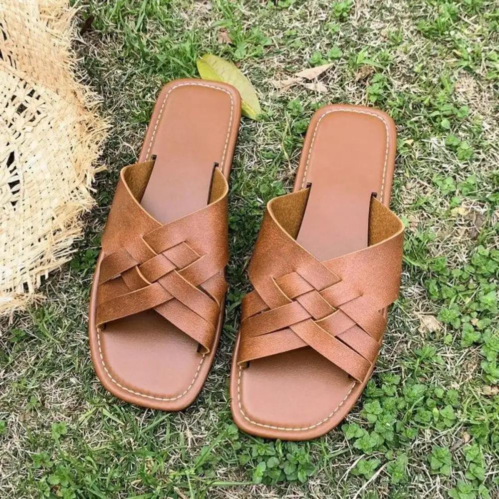 Woven Cross-Strap Flat Sandals