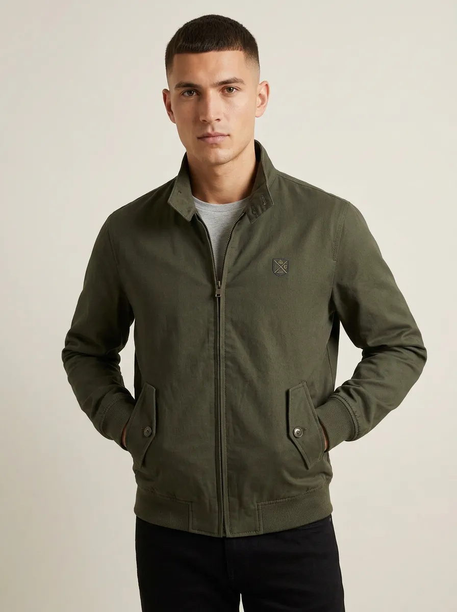 Men's Casual Olive Green Logo Embroidered Zip-Up Jacket