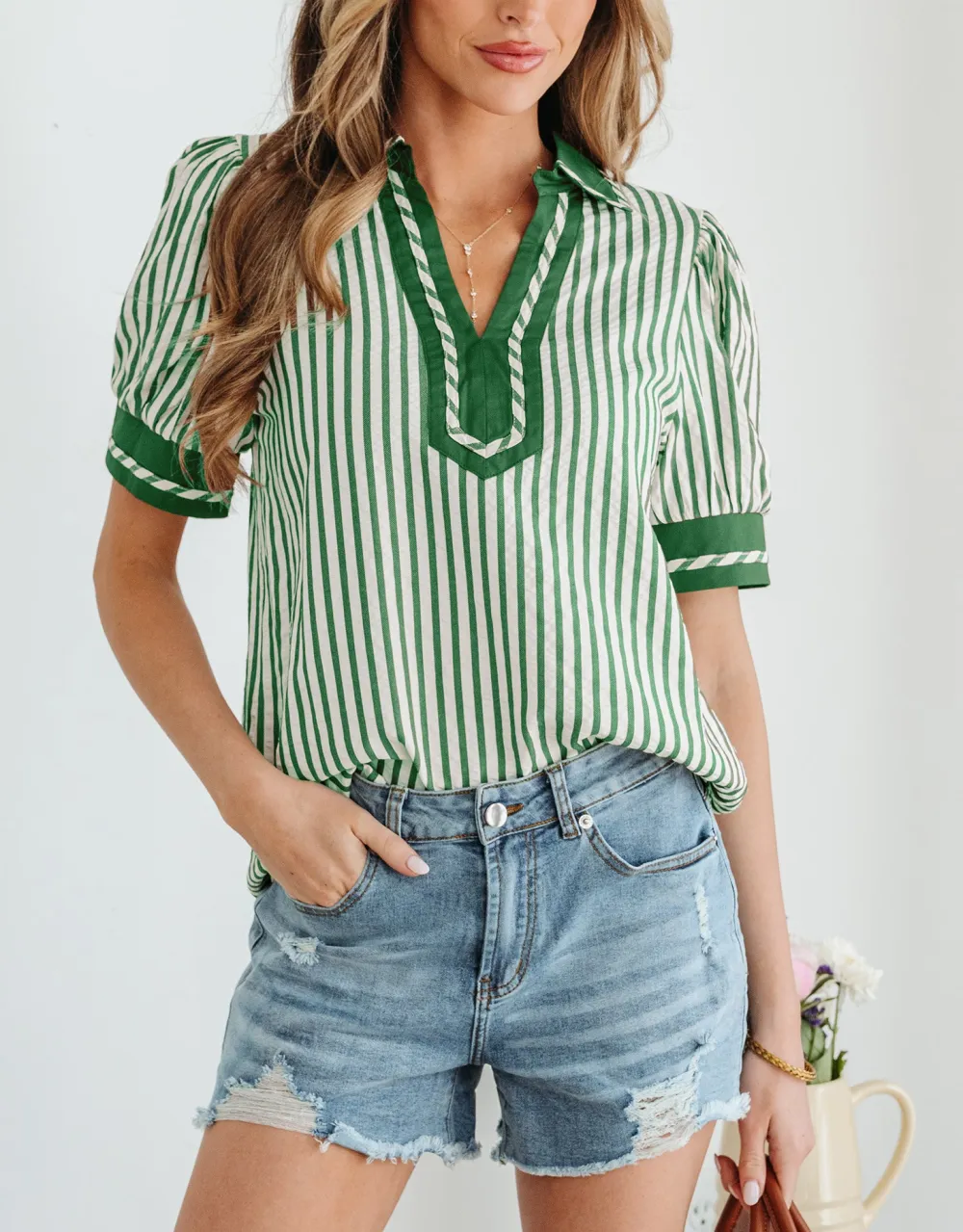 Women's Striped Split Neck Collared Top